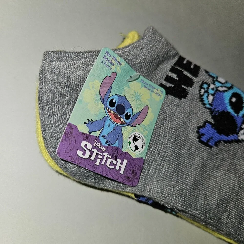 NEW 3 Pairs Disney Stitch No Show Socks Womens Shoe Size 4-10 Alien Gray Yellow